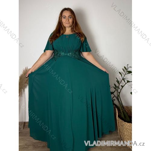 Šaty dlhé spoločenské so žabičkovaním krátky rukáv dámske nadrozmer RIKI (48/50/52 ONE SIZE) TALIANSKA MÓDA IMC25522/DUR  zelená smaragdová
