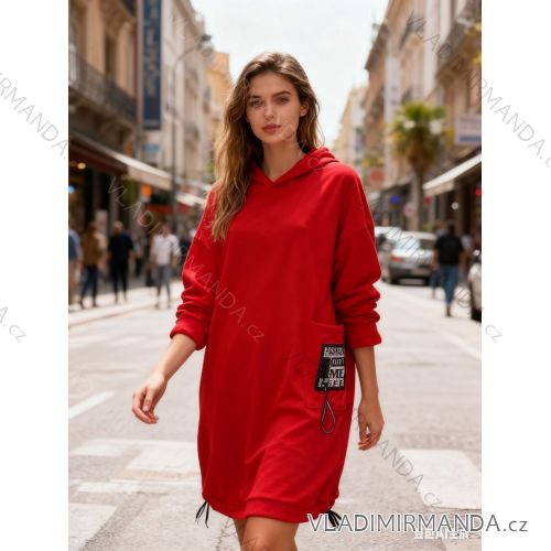 Šaty mikinové s kapucňou a vreckami dlhý rukáv dámske nadrozmer (54/56/58 ONE SIZE) TALIANSKA MÓDA IM425837