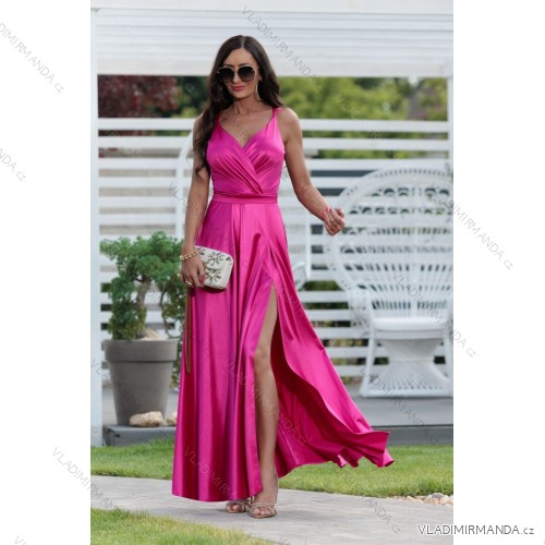 Šaty dlhé saténové spoločenské na ramienka dámske (34-40) POLSKÁ MÓDA PMLEL25MARINA1 růžová malinová 34