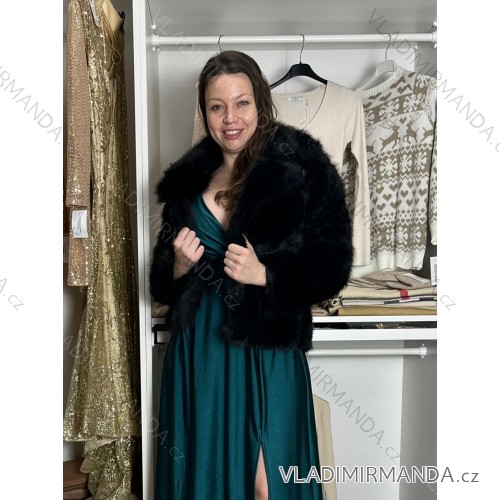 Kabátik kožúšok chlpatý zimný dlhý rukáv dámsky (S/M/L ONE SIZE) TALIANSKA MÓDA IMWA250001/DUR čierna S/M/L