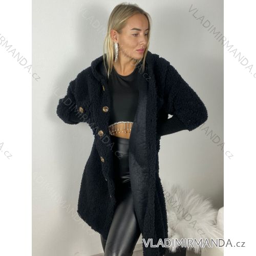 Kabát baránkový oversize na gombíky dlhý rukáv dámsky (M/L/XL ONE SIZE) INDICKÁ MÓDA IMWK251111/DUR M/L/XL čierna