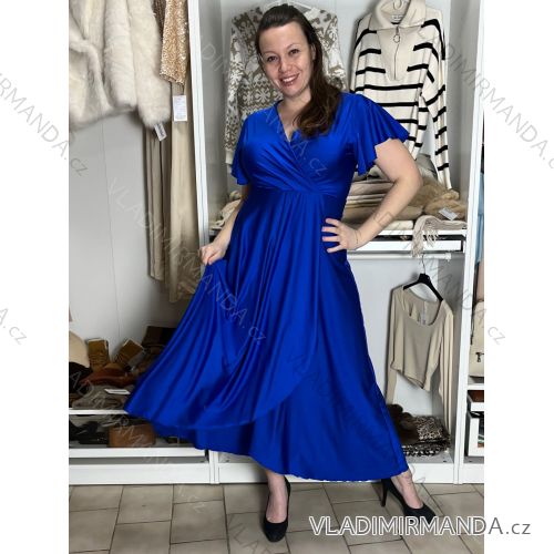 Šaty dlhé spoločenské saténové krátky rukáv dámske ADINA (38/40/42 ONE SIZE) TALIANSKA MÓDA IM425896/DUR  modrá kráľovská