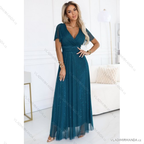 635-1 MELANIA dlhé, lesklé šaty s výstrihom a krátkymi rukávmi - fľaškovozelené