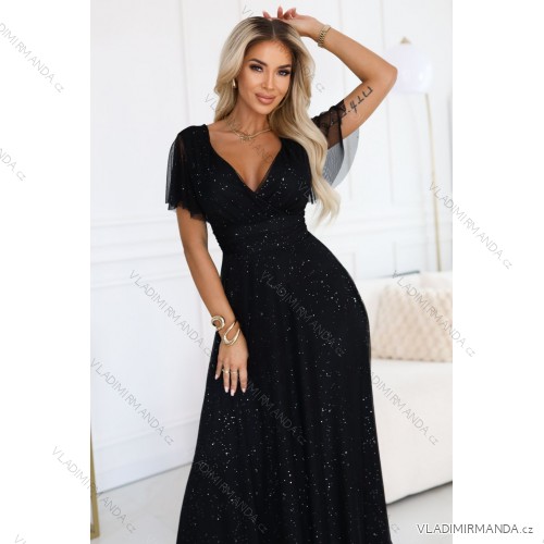 635-2 MELANIA dlhé, lesklé šaty s výstrihom a krátkymi rukávmi - čierne