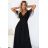 635-2 MELANIA dlhé, lesklé šaty s výstrihom a krátkymi rukávmi - čierne