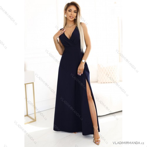 634-1 MIRA elegantné maxi šaty s výstrihom do vrecka a rozparkom na nohavici - tmavomodré