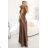 411-14 CRYSTAL dlhé saténové šaty s výstrihom - mocha mousse