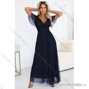 635-3 MELANIA dlhé, lesklé šaty s výstrihom a krátkymi rukávmi - tmavomodré