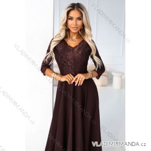 309-14 AMBER elegantné dlhé čipkované šaty s výstrihom - čokoládové