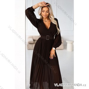 414-11 KLARA elegantné skladané midi šaty s opaskom a výstrihom - čokoládové