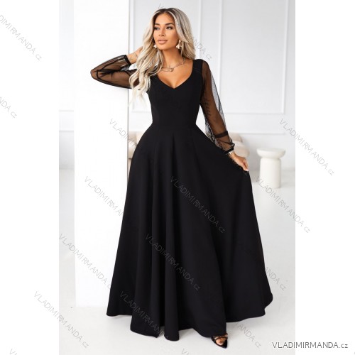 640-2 LORETTA jedinečné dlhé šaty s tylovými rukávmi a výstrihom - čierne
