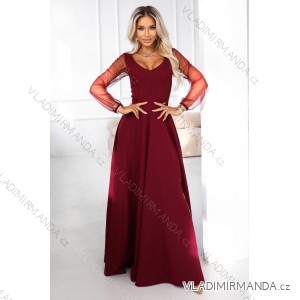 640-1 LORETTA jedinečné dlhé šaty s tylovými rukávmi a výstrihom - bordové