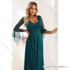 655-2 Dlhé, trblietavé šaty s hlbokým výstrihom a priehľadnými rukávmi - smaragdovo zelené