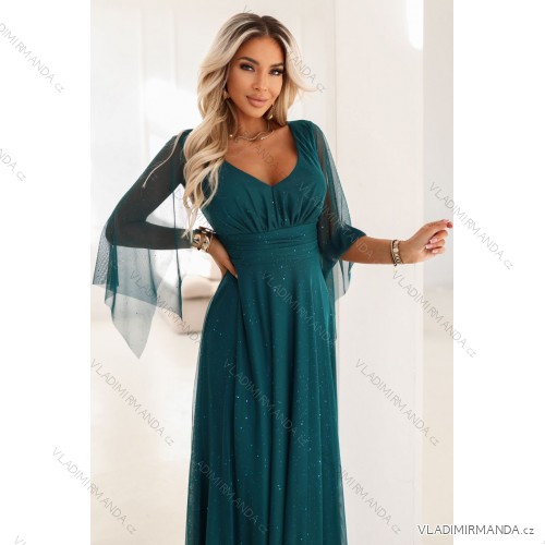 655-2 Dlhé, trblietavé šaty s hlbokým výstrihom a priehľadnými rukávmi - smaragdovo zelené