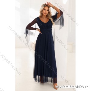 655-3 Dlhé, trblietavé šaty s výstrihom a priehľadnými rukávmi - tmavomodré