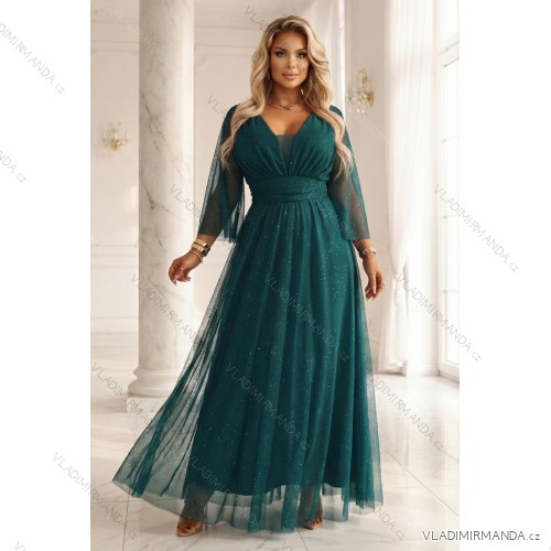 654-1 Dlhé, trblietavé šaty plus size s výstrihom a priehľadnými rukávmi - fľaškovozelené