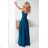 646-2 Dlhé večerné šaty s ramienkami a rozparkom na nohavici - tyrkysové