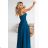 646-2 Dlhé večerné šaty s ramienkami a rozparkom na nohavici - tyrkysové