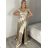 Šaty carmen dlhé na ramienka elegantné saténové dámske (S/M ONE SIZE) TALIANSKA MÓDA IMPBB22B22735/DR2 zlatá