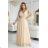 654-2 Dlhé, trblietavé šaty plus size s výstrihom a priehľadnými rukávmi - šampanskobéžové
