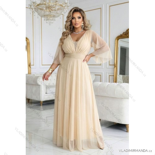 654-2 Dlhé, trblietavé šaty plus size s výstrihom a priehľadnými rukávmi - šampanskobéžové