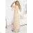 654-2 Dlhé, trblietavé šaty plus size s výstrihom a priehľadnými rukávmi - šampanskobéžové