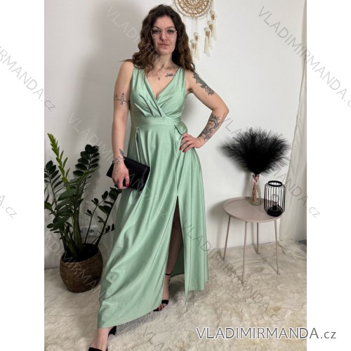 Šaty elegantné dlouhé bez rukávu rukávu dámske SARA (M/L/XL ONE SIZE) TALIANSKA MóDA IM4251146/DUR zelená lipová M/L/XL