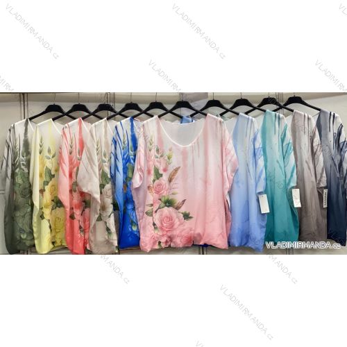 Blúzka elegantná kvetinová krátky rukáv dámska nadrozmer (54/56/58 ONE SIZE) TALIANSKA MÓDA IMC26041