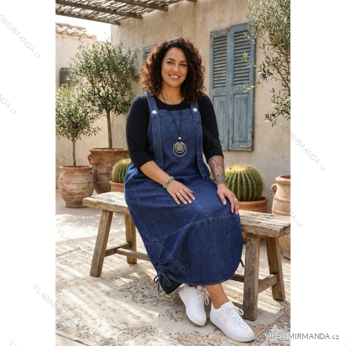 Šaty džínsové letné sťahovacie s vreckami na ramienka dámske nadrozmer (50/52/54 ONE SIZE) TALIANSKA MÓDA IMC26093