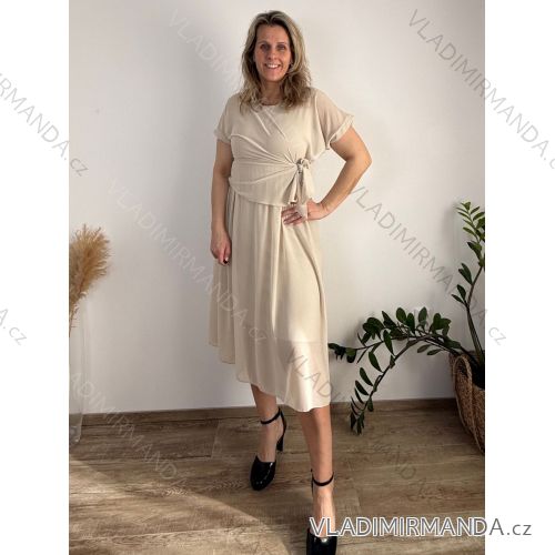 Šaty elegantní šifónové krátky rukáv dámske nadrizměr AMANDA (42/44/46 ONE SIZE) TALIANSKA MóDA IM4261124/DU  béžová
