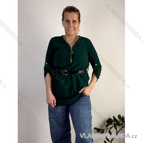 Šaty/tunika so zipsom a opaskom dlhý rukáv dámske nadrozmer (S/M/L ONE SIZE) TALIANSKA MóDA IMD22886/DU smaragdová S/M/L