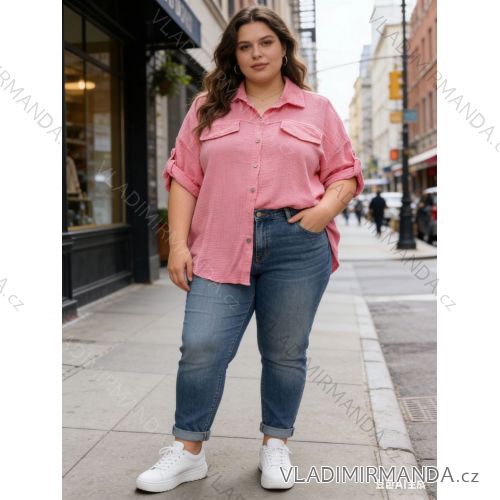 Košeľa klasik mušelínová krátky rukáv dámska nadrozmer (50/52/54 ONE SIZE) TALIANSKA MÓDA IM426113