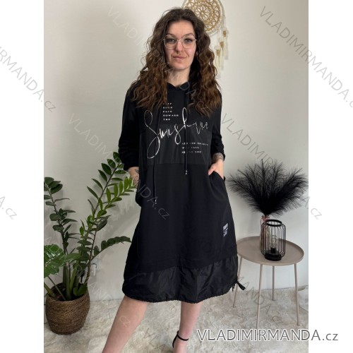 Šaty mikinové s kapucňou dlhý rukáv dámske nadrozmer (40/42/44 ONE SIZE) TALIANSKA MÓDA IMSM261116/DU černá 40/42/44