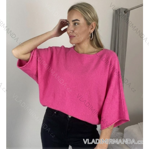 Sveter tenký krátky rukáv dámsky (S/M/L ONE SIZE) TALIANSKA MÓDA IM4261121/DR tmavě růžová S/M/L
