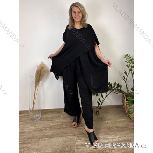 Souprava elegantní, letní kalhoty a tunika dámské nadrozměr SIDONIE (48/50/52/54 ONE SIZE) TALIANSKA MÓDA IMWTC26001/DU  čierna