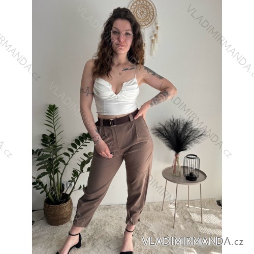 Nohavice elegantné s opaskom 3/4 krátke dámske (S/M/L ONE SIZE) TALIANSKA MÓDA IMPLI257048/DU hnědá světlá S/M/L