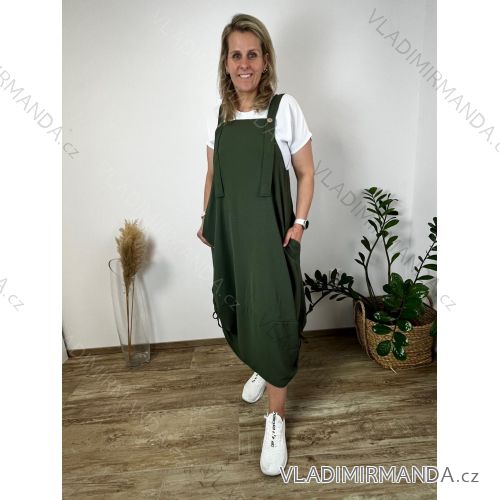 Šaty s laclem letné sťahovacie s vreckami na ramienka dámske nadrozmer IVONA  (40/42/44 ONE SIZE) TALIANSKA MÓDA IMC26000327/DUR  zelená khaki