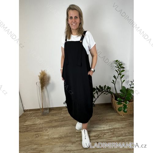 Šaty s laclem letné sťahovacie s vreckami na ramienka dámske nadrozmer IVONA  (40/42/44 ONE SIZE) TALIANSKA MÓDA IMC26000327/DUR  čierna
