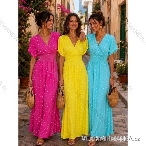 Šaty dlouhé puntíky krátký rukáv dámské (S/M/L ONE SIZE) ITALSKÁ MÓDA IMWGM260012/DUR tmavo ružová S/M/L