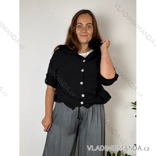 Košeľa s kapucňou 3/4 dlhý rukáv dámska nadrozmer (50/52/54 ONE SIZE) TALIANSKA MÓDA IM426215/DUR 50/52/54 čierna
