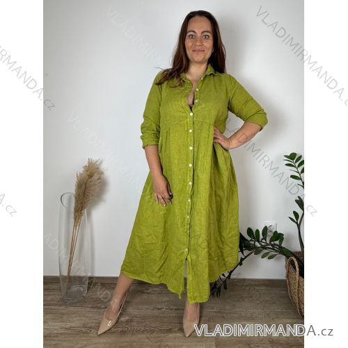 Šaty dlhé ľanové košeľové dlhý rukáv dámske nadrozmer ROMA (44/46/48 ONE SIZE) TALIANSKA MÓDA IMPCS2613926/DUR 44/46/48 zelená hrášková
