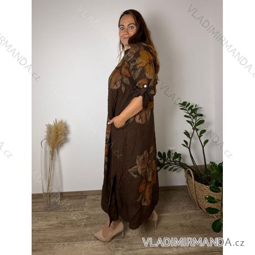 Lněné šaty 3/4 rukáv dámské nadrozměr  (52/54/56 ONE SIZE) ITALSKÁ MÓDA IMPSF260005