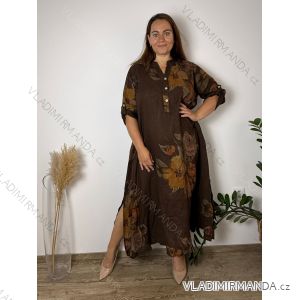 Lněné šaty 3/4 rukáv dámské nadrozměr  (52/54/56 ONE SIZE) ITALSKÁ MÓDA IMPSF260005/DUR