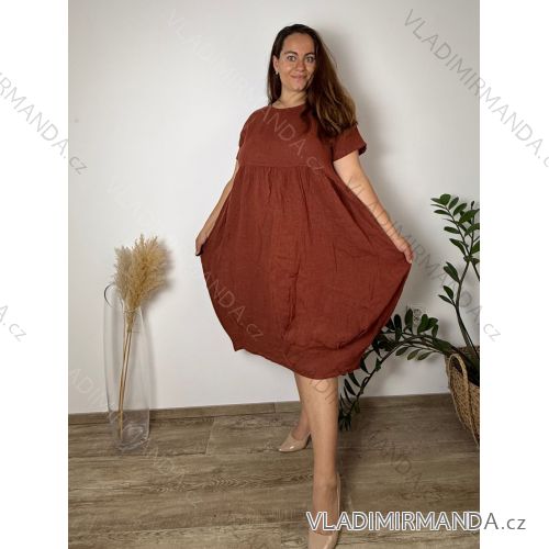 Šaty dlhé lněné letné krátky rukáv dámske nadrozmer KRYSTA (50/52/54 ONE SIZE) IMPSM251010/DUR 50/52/54 červená tehlová