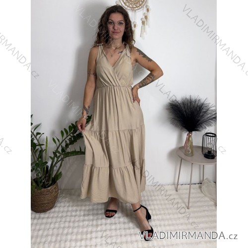 Šaty dlhé letné bez rukávu dámske nadrozmer (M/L/XL ONE SIZE) TALIANSKA MÓDA IMC26223 béžová M/L/XL