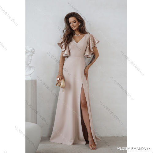 Šaty dlhé elegantné flitrové krátky rukáv dámske nadrozmer (34-50) POLSKÁ MÓDA PMLWD26MARINA béžová 50