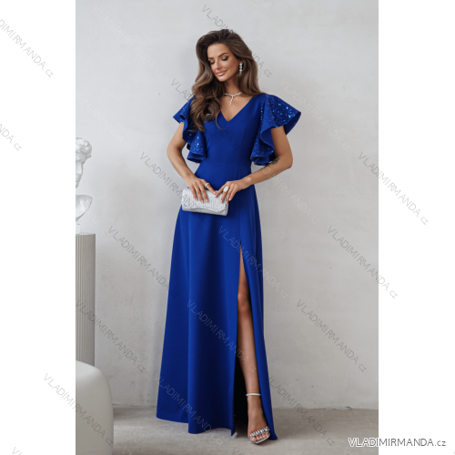 Šaty dlhé elegantné flitrové krátky rukáv dámske nadrozmer (34-50) POLSKÁ MÓDA PMLWD26MARINA2 modrá kráľovská 34