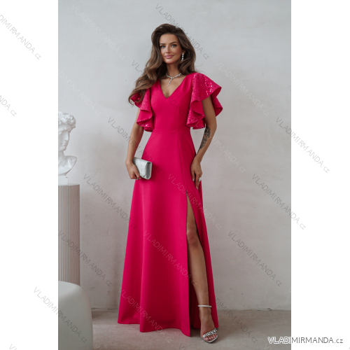Šaty dlhé elegantné flitrové krátky rukáv dámske nadrozmer (34-50) POLSKÁ MÓDA PMLWD26MARINA5 ružová fuchsiová 38