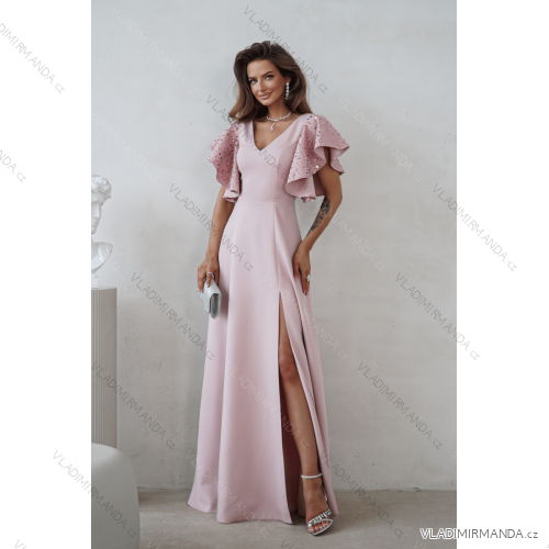Šaty dlhé elegantné flitrové krátky rukáv dámske nadrozmer (34-50) POLSKÁ MÓDA PMLWD26MARINA6 ružová staroružová 42
