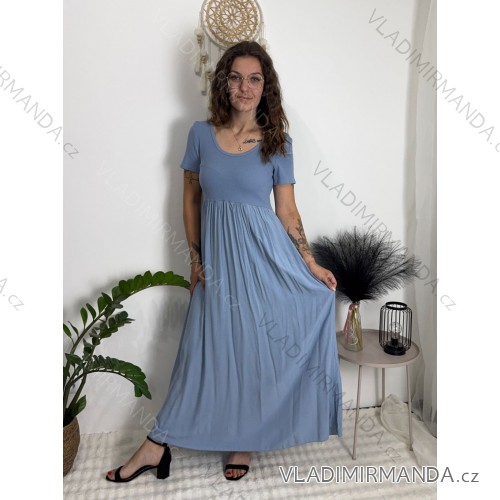 Šaty dlhé letné rebrované krátky rukáv dámske (XS/S/M/L ONE SIZE) TALIANSKA MÓDA IMSM25128 modrá S/M/L